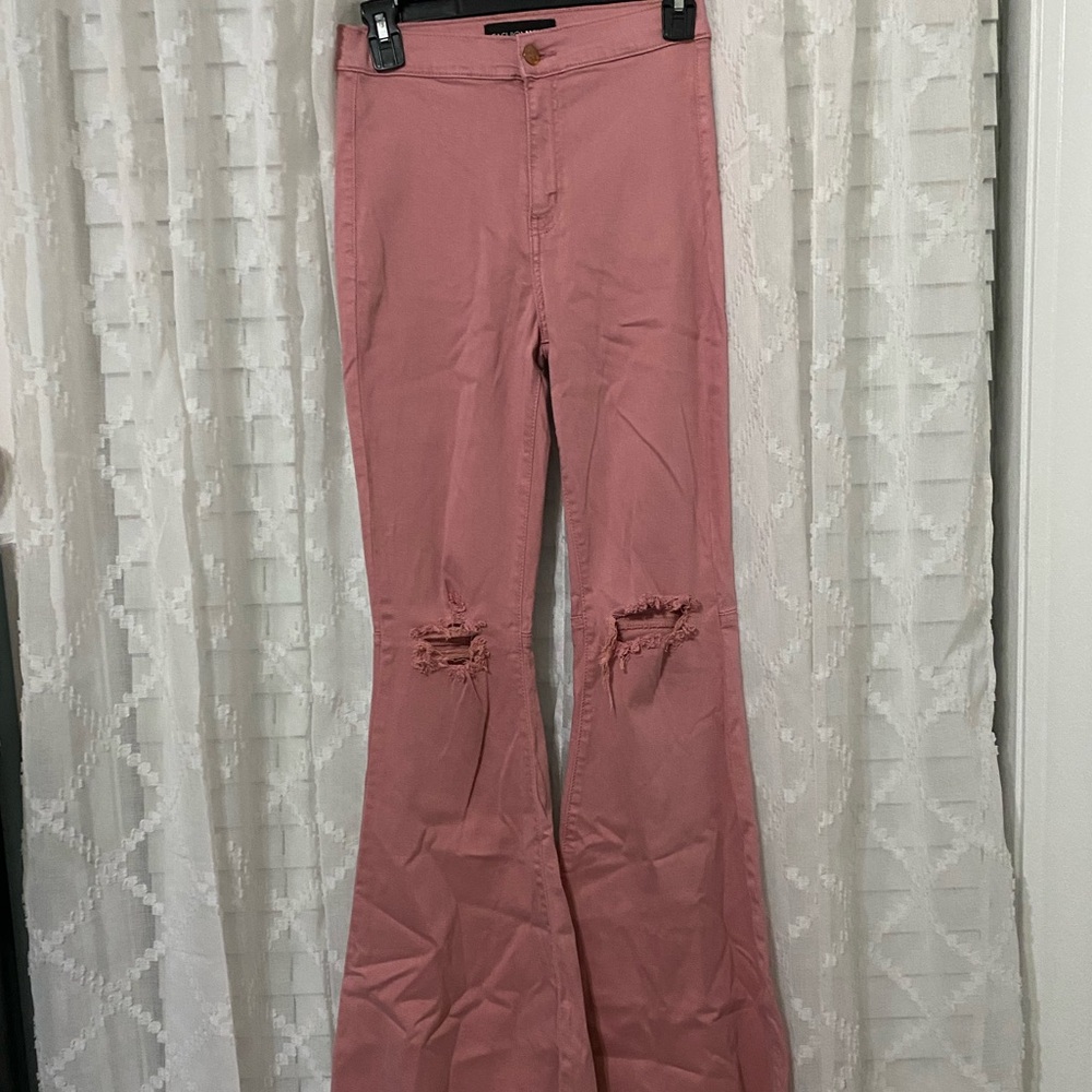 NWT Fashion Nova Pink Distressed High Waisted Bell Bottom Flare Jeans